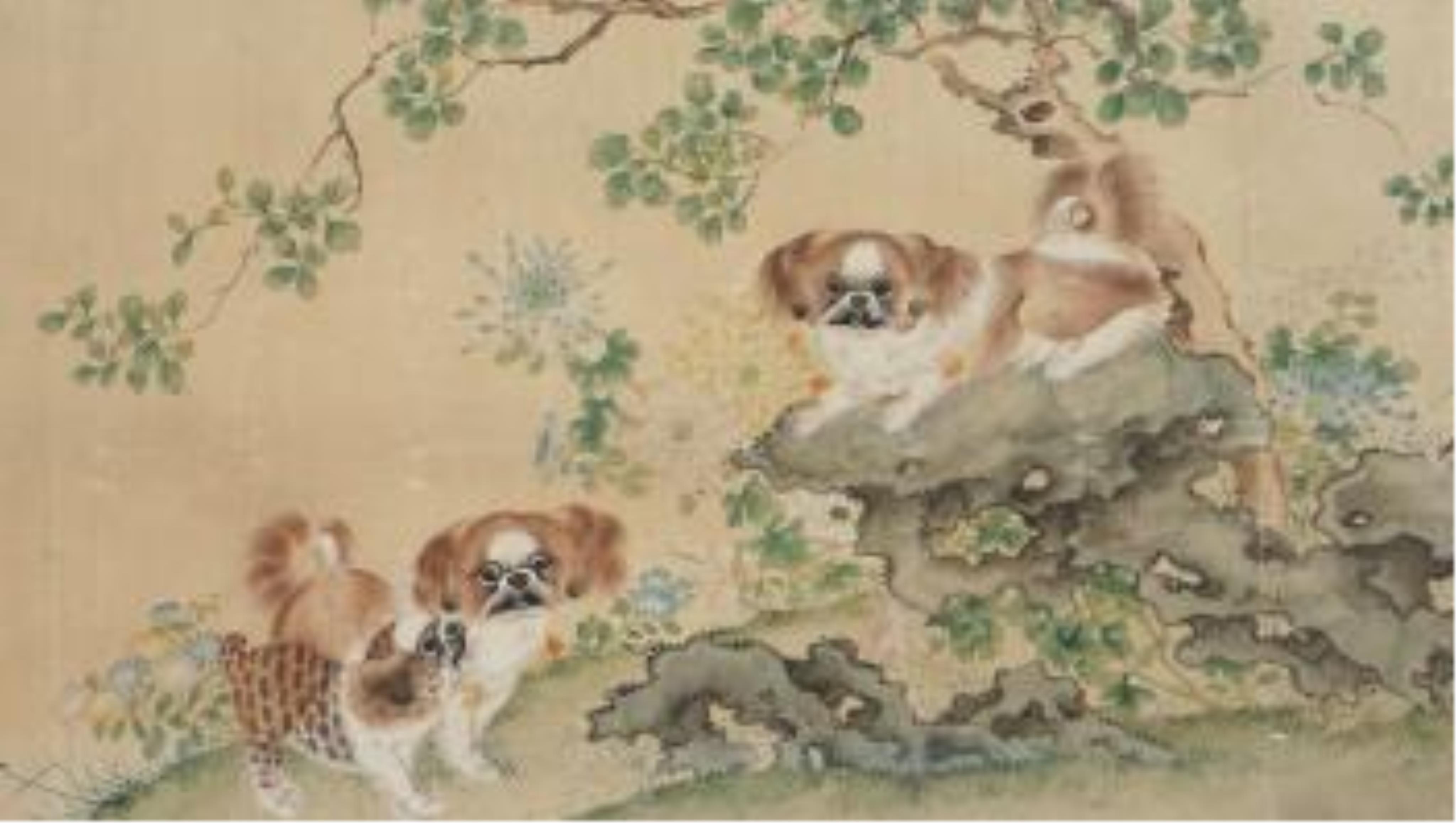 Late 19th/early 20th century, Chinese school, ink and colour on paper, Chi dogs in a rockwork garden, unsigned, 59 x 105cm. Condition - poor